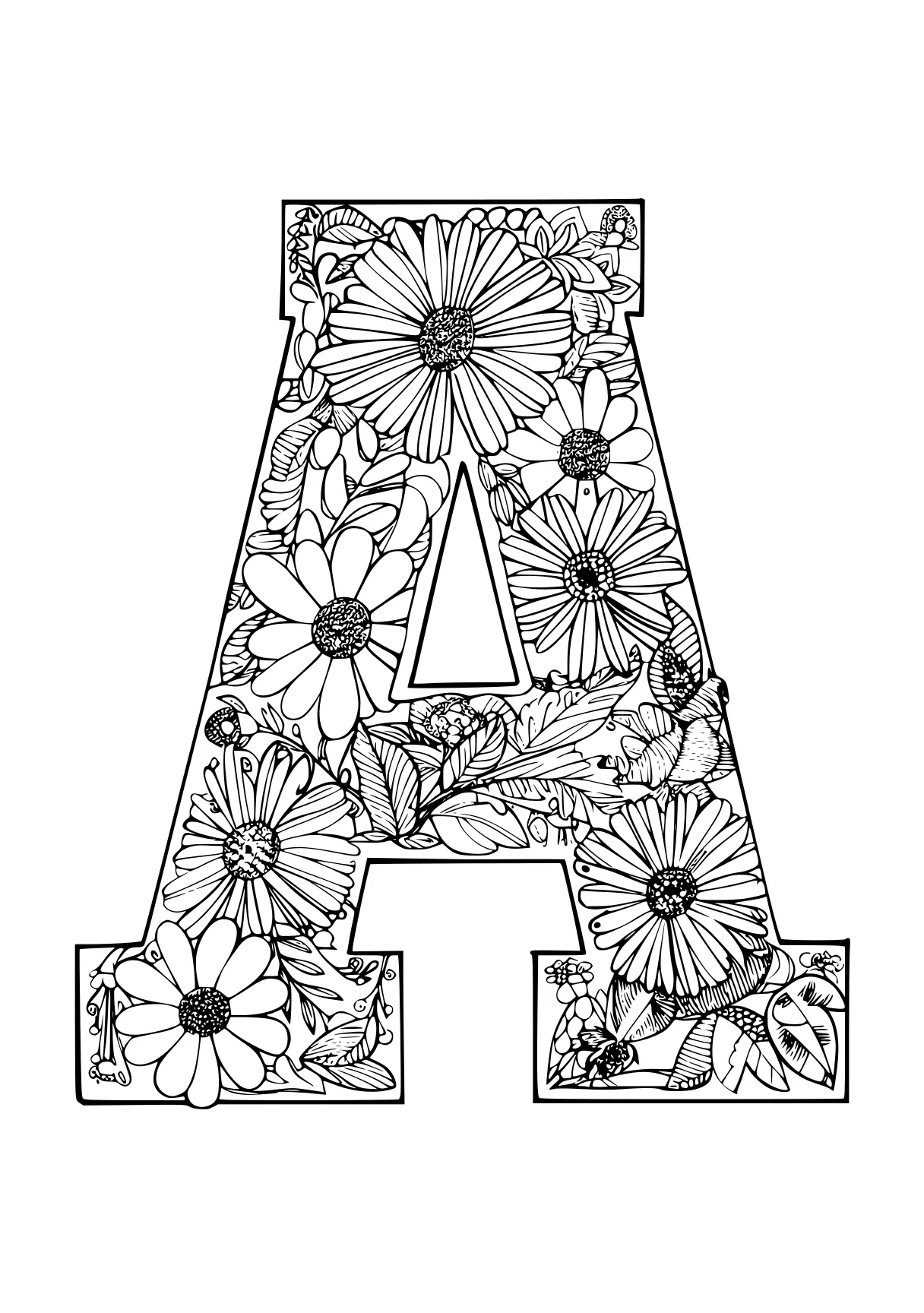 letter a coloring sheet a4, floral, a, an, free page downloads