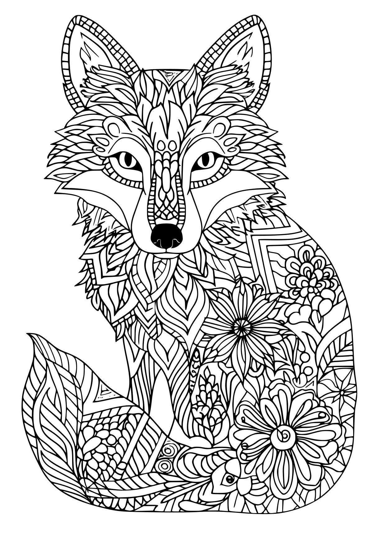 animal coloring pages for adults, zentangle, wolf, fox, free page downloads