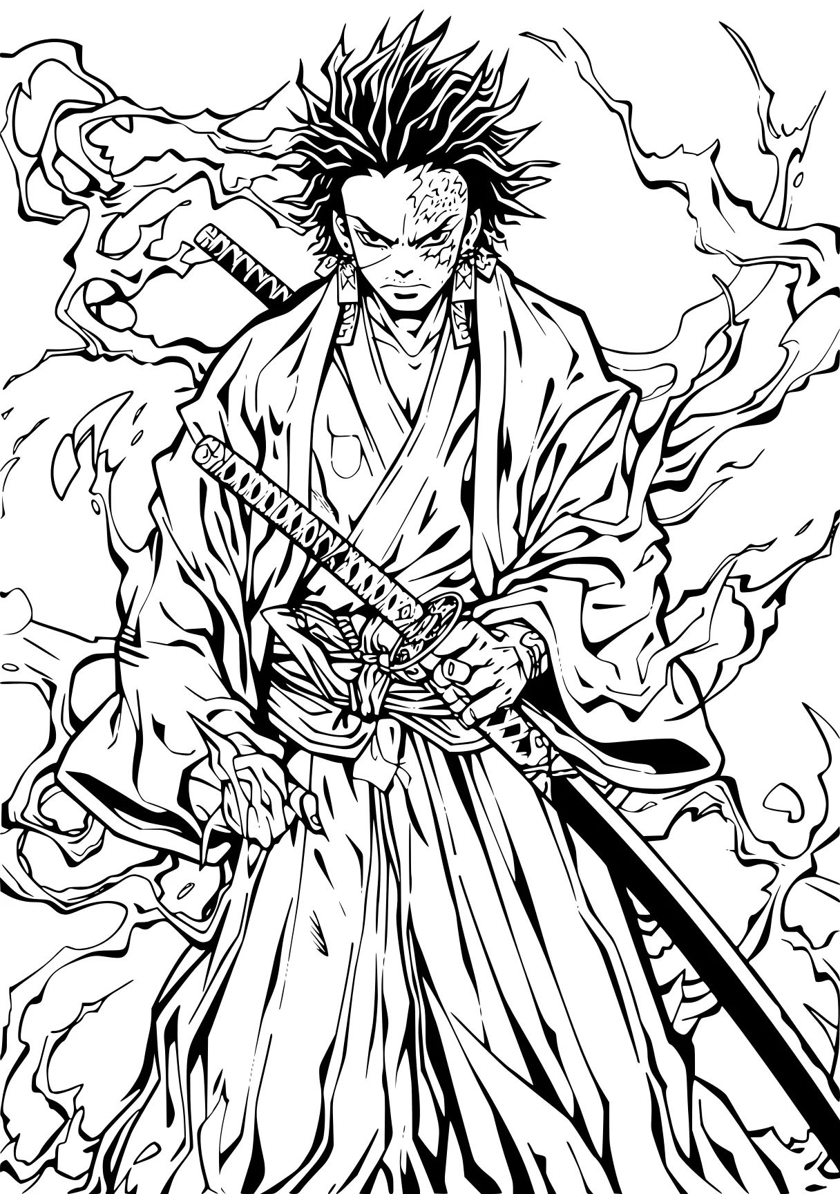 demon slayer coloring page tanjiro, katana, kaido, sasuke, luffy, free downloads