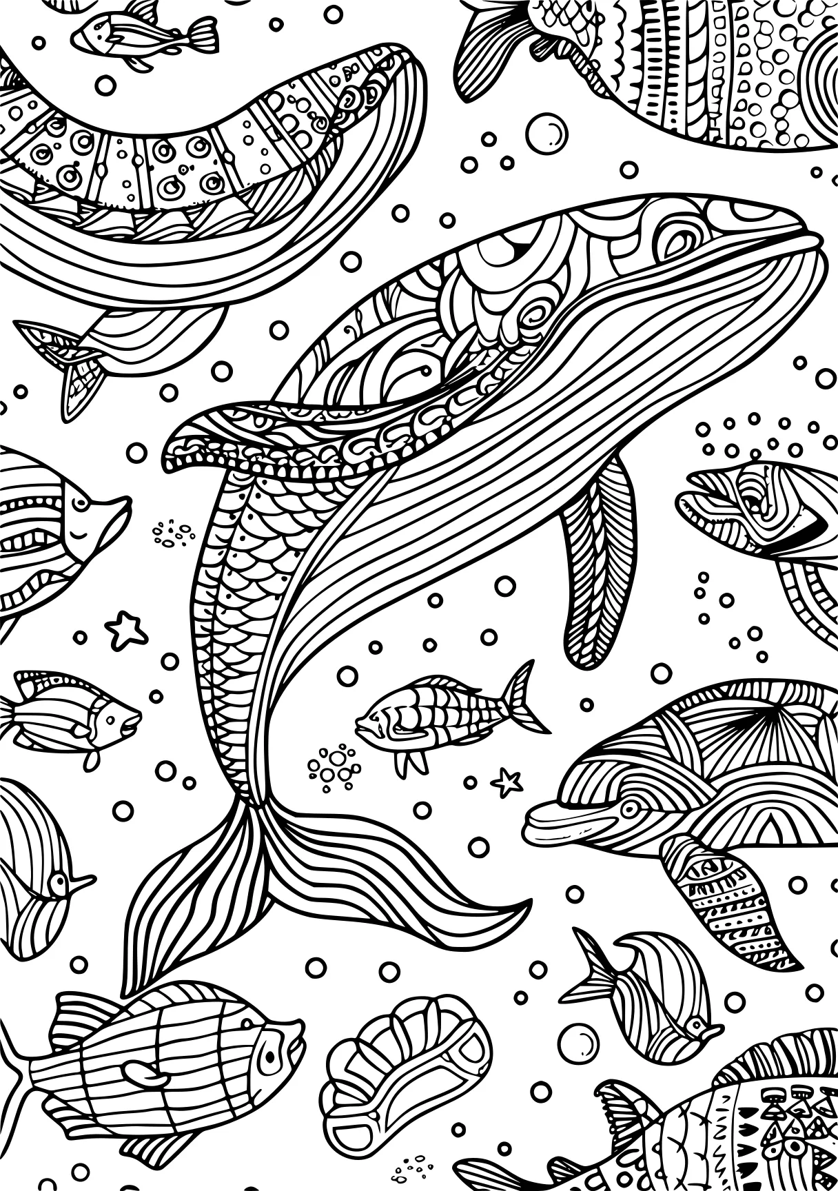 ocean animals coloring pages, whales, fish, zentangle, free page downloads