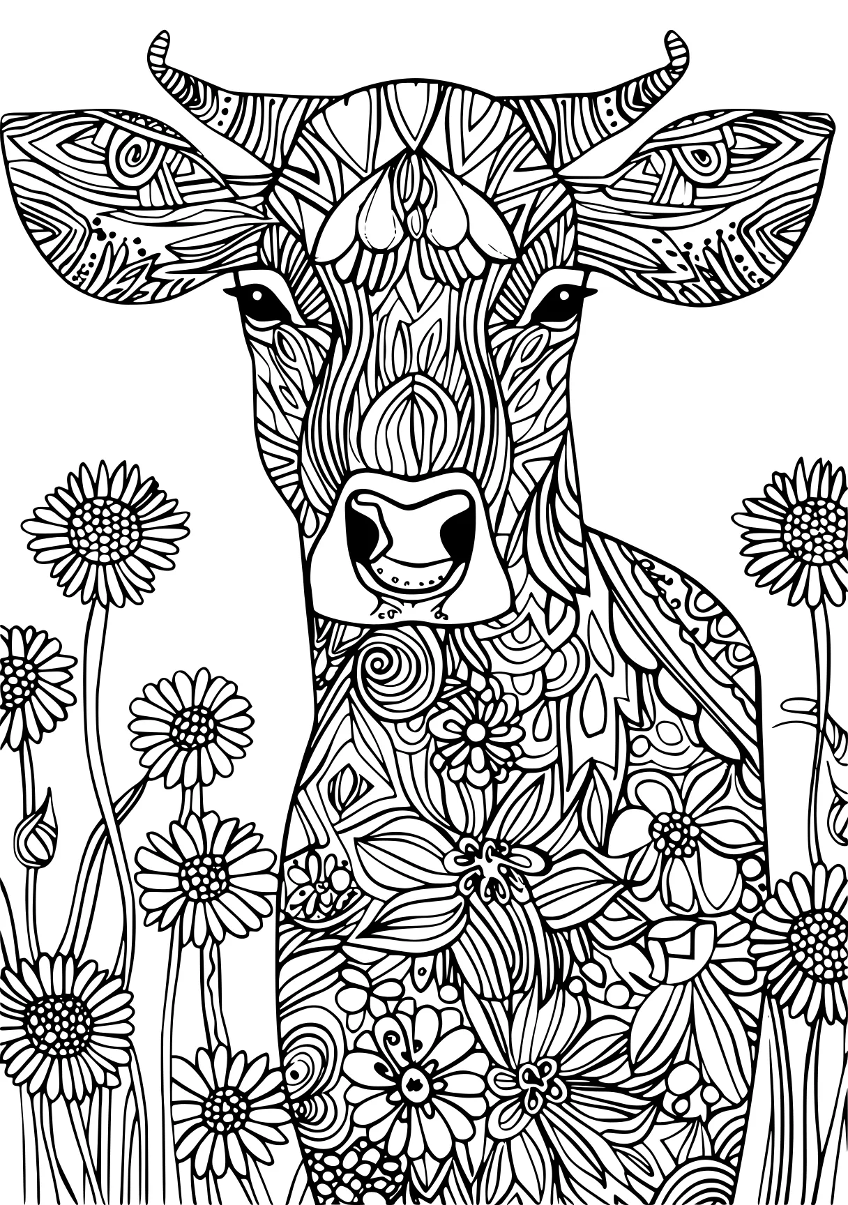 animal coloring pages for adults cow, buffalo, deer, free page downloads