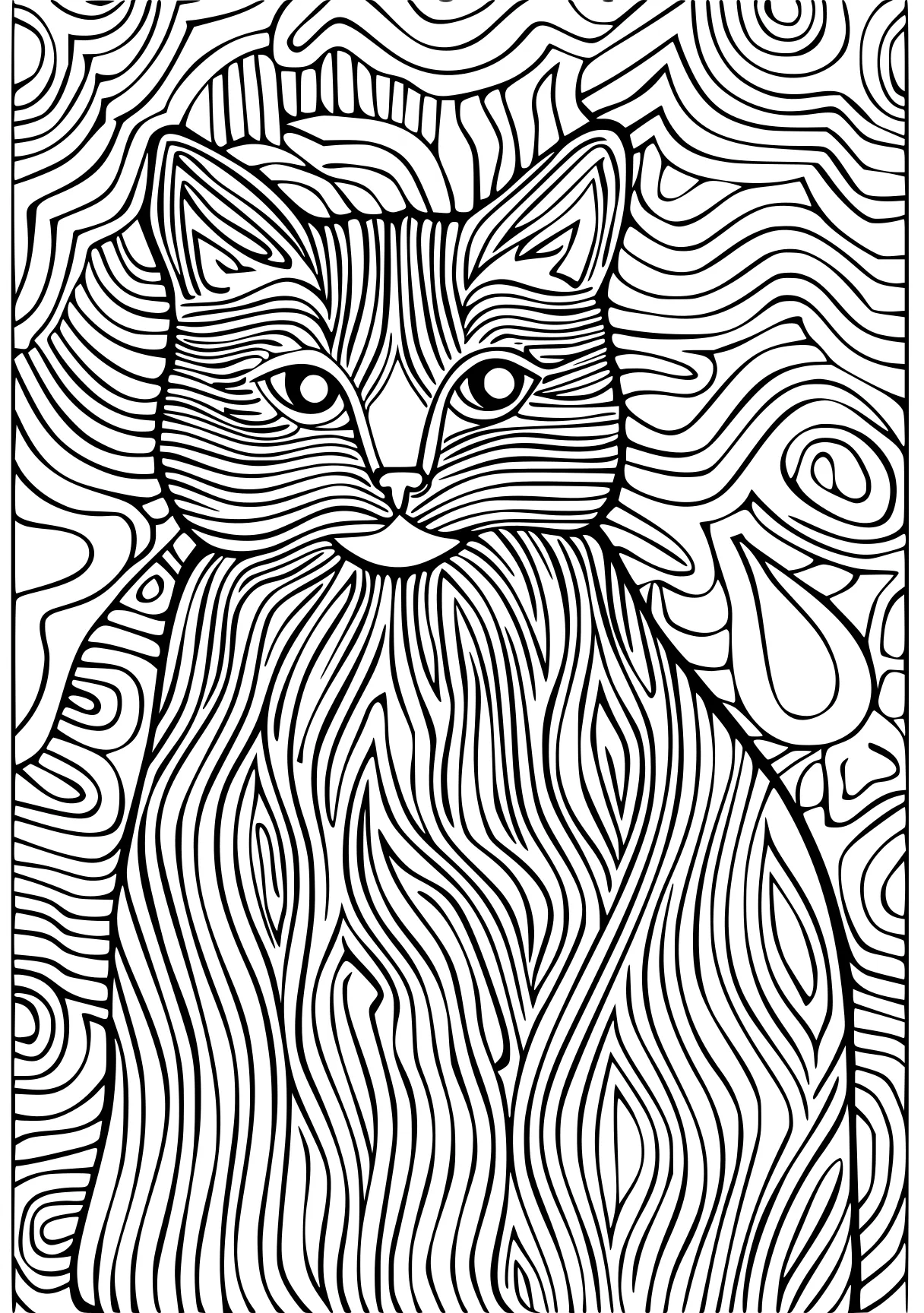 difficult coloring pages, zentangle, cat, lines, free page downloads