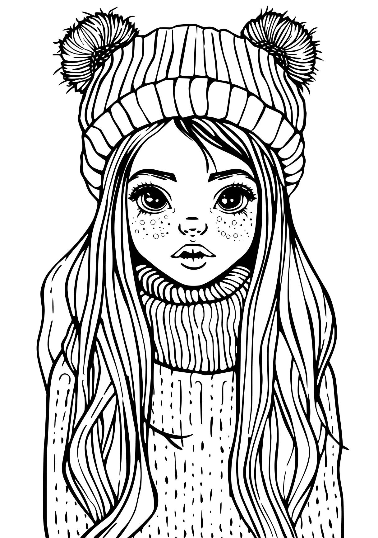 aesthetic coloring page beanie, winter, illustrator, girl, doll, free downloads